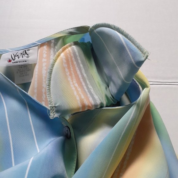 Vintage 80s Vera V-Neck Button Up Long Sleeve Stripe Top Pastels Blue Size 14 - Picture 8 of 13